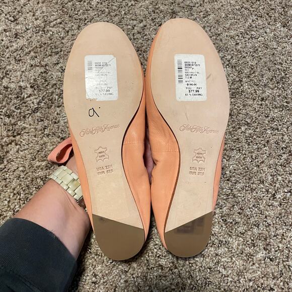 Saks Fifth Avenue SZ 7.5 Ribbon Wrap Up Ballet Flats Salmon Pink Balletcore Girl - Picture 5 of 7
